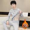 Men's Trendy Print Crew Neck Fleece-Lined Warm Underwear Set for Autumn/Winter