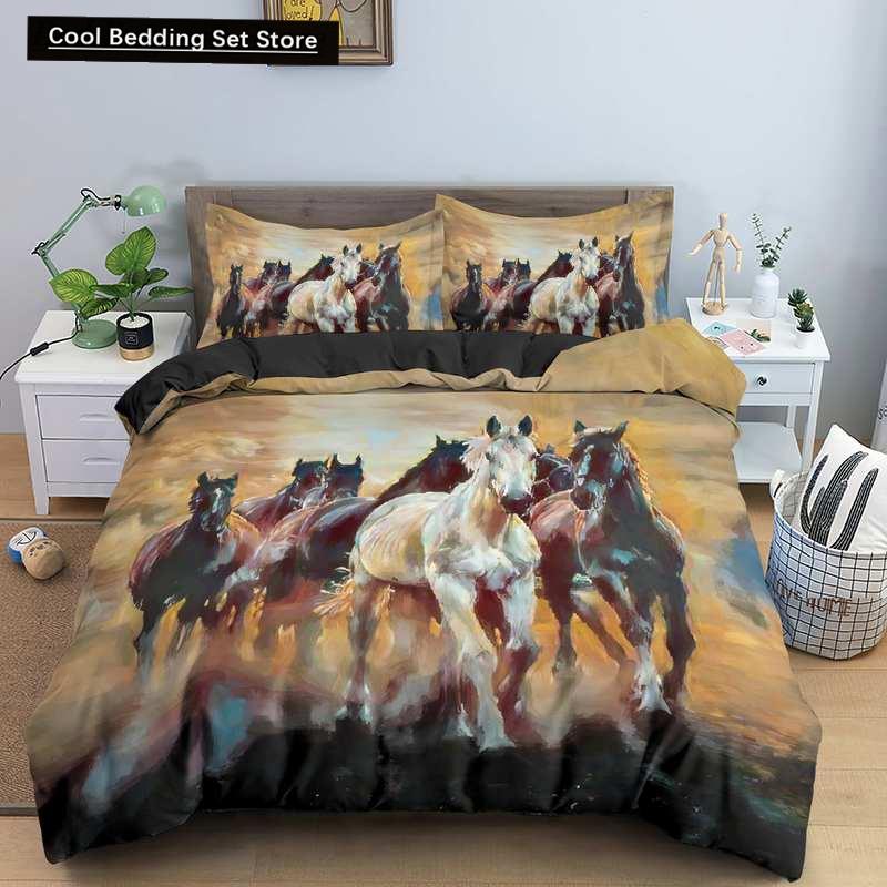 3D Horse Printing Duvet Cover Animal Bedding Set Twin Full Double Queen King Size for Kids Men Black Soft Quilt Cover Pillowcase