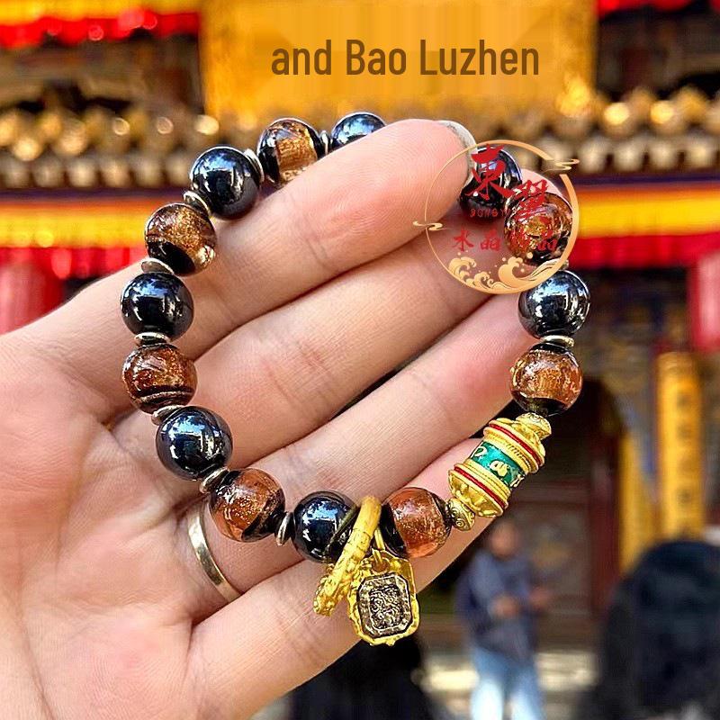 Black Ceramic Glazed Six-Character Mantra Bracelet with Gold-Foil and Luck-Turning Beads