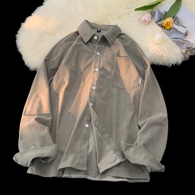 Herren locker geschnittenes Langarm-Button-Down-Hemd Cordstoff Lässiges Oberteil mit Tasche