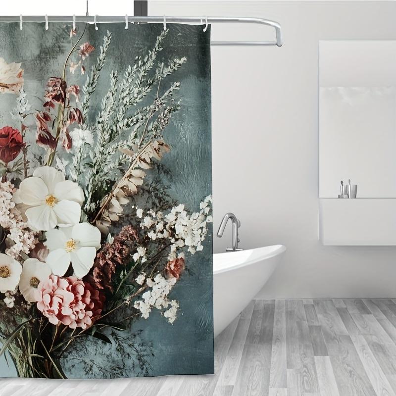 1pc Vintage Floral Shower Curtain, Soft Hand-Painted Flowers in Pastel Tones, Polyester, Ideal for Country-Style Bath Decor