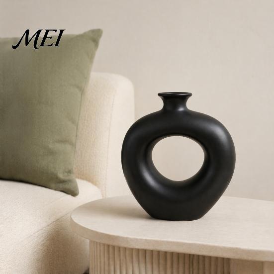 Unique Decorative Ornaments Minimalist Resin Flower Vase, Hollow Circle Art Modern Floral Home Decor Arrangement Holder for Living Room Bedroom Table