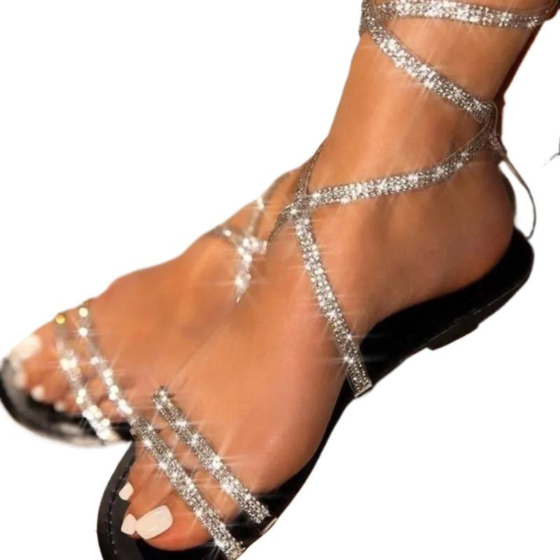 Fashion 2025 Summer New Ankle-wrap Women's Round Toe Sandals Crystal Narrow Band Fashion Plus Size Buckle Strap Low Heel Dress Sandals