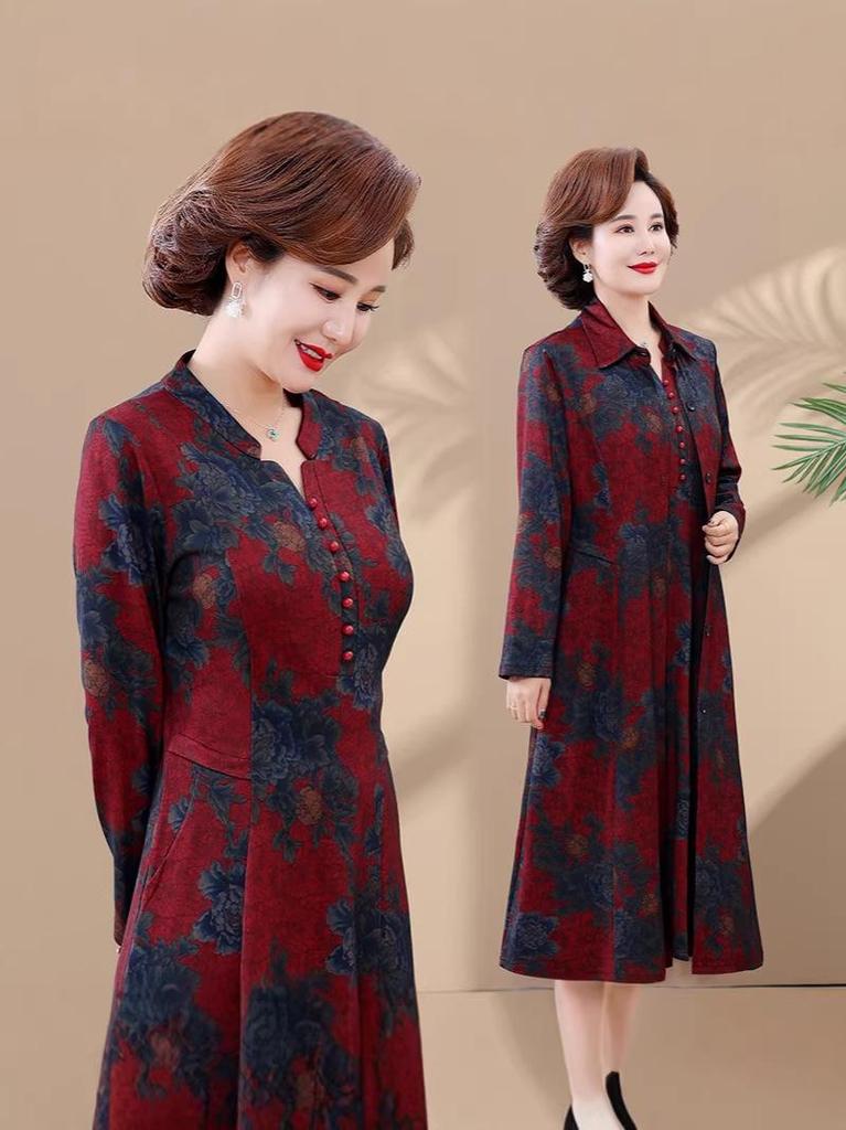 Elegant Autumn Trench Coat Dress Set for Mature Women: Long-Sleeved, Over-the-Knee Two-Piece with Stylish Design