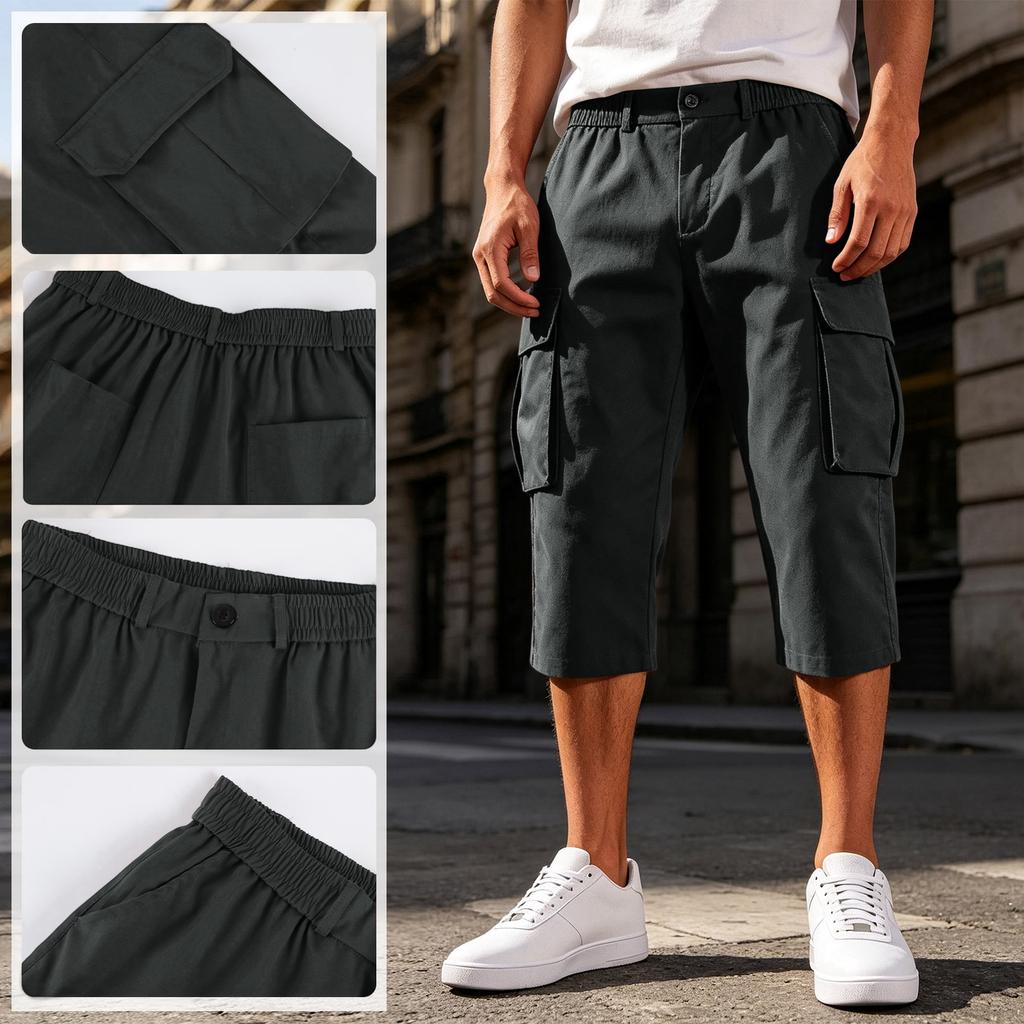 Heren Effen Kleur Knopen Elastische Taille Cargo Capri Broek met Zes Zakken Werkkleding Stijl Casual Pasvorm