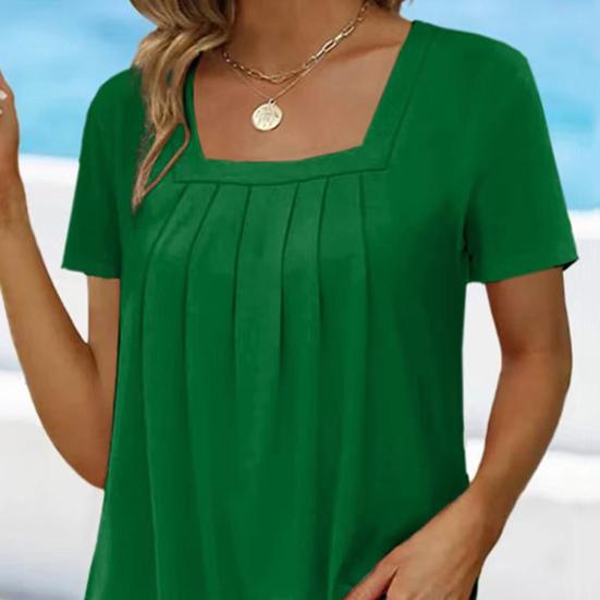 Maglietta estiva casual con colletto quadrato, manica corta, plissettata, tinta unita, vestibilità ampia, linea ad A, per casa, appuntamento, ufficio