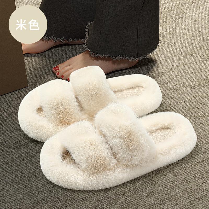 

Home Furry Slippers Women s Season Plush Double Belt Breathable Plush Indoor Home Ladies Bedroom Cotton Slippers 35 Suitable for 34 бежевий