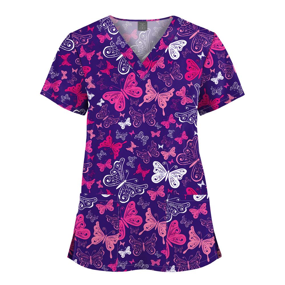 Quick-Drying Printed T-Shirt Short-Sleeved V-Neck Dental Oral Hand Wash Clothes Beauty Salon Pet Hospital Doctor Nurse Overalls