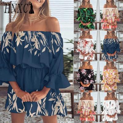 Kobiety Sukienka Mini w Kwiatowy Wzór Lato Seksowna Odkryte Ramiona Rękaw Dzwonkowy Tunika Damska Casualowa Boho Sukienka na Plażę
