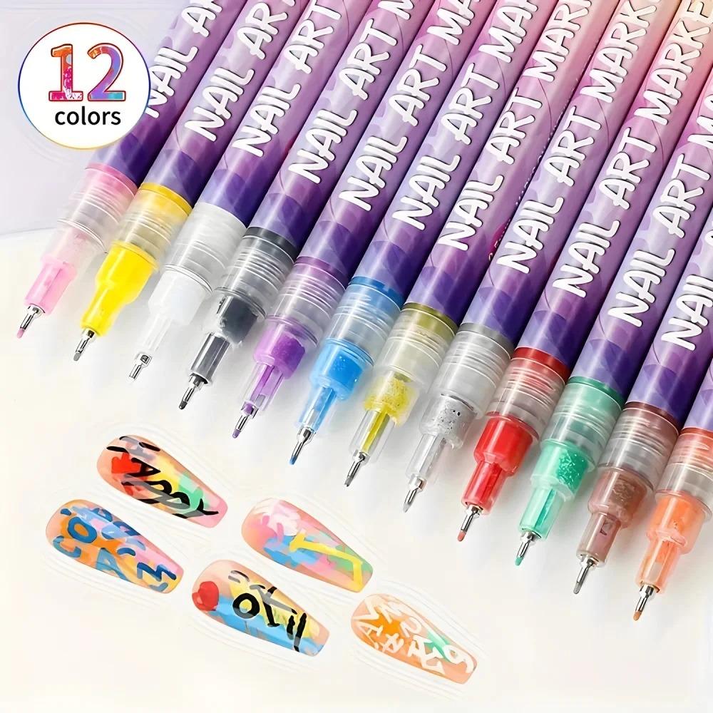 

12 Color Nail Art Pens Set 0.5Mm Fine Point Liner Acrylic Nail Polish Kit Waterproof Quick-Drying For Drawing Painting