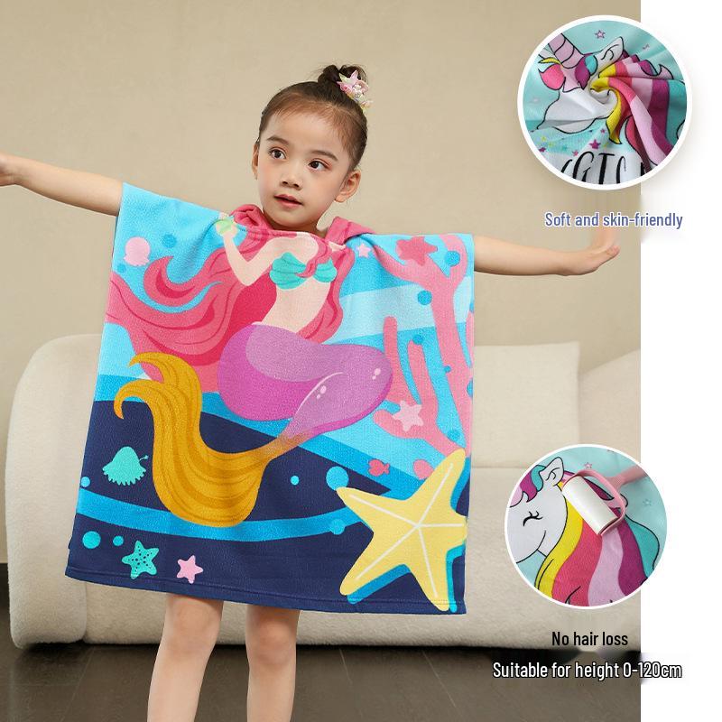 Kids' Cartoon Hooded Bath Towel & Beach Cape - Large Absorbent Bathrobe Cloak