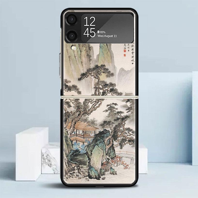 Chinese Style ink Painting Art Black Cover for Samsung Galaxy Z Flip 7 6 5 4 3 5G Phone Case Flip7 Flip6 Flip5 Flip4 Flip3 Patte