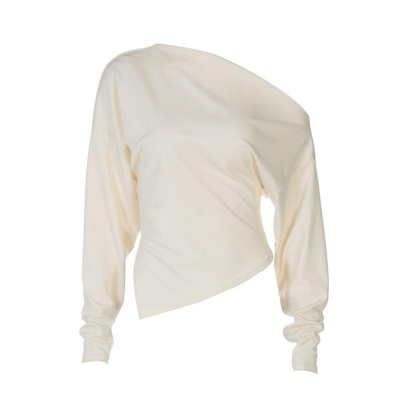 Shemoda Early Autumn Asymmetrical One-Shoulder Cold-Shoulder Long Sleeves Tops Fashion All-Match Sexy Slim Fit Slit Niche Style T-shirt