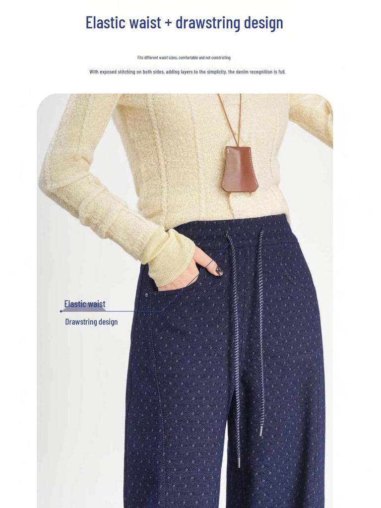 White Five Geese Polka Dot Jacquard Denim Wide-Leg Pants for Women - Autumn/Winter 2025