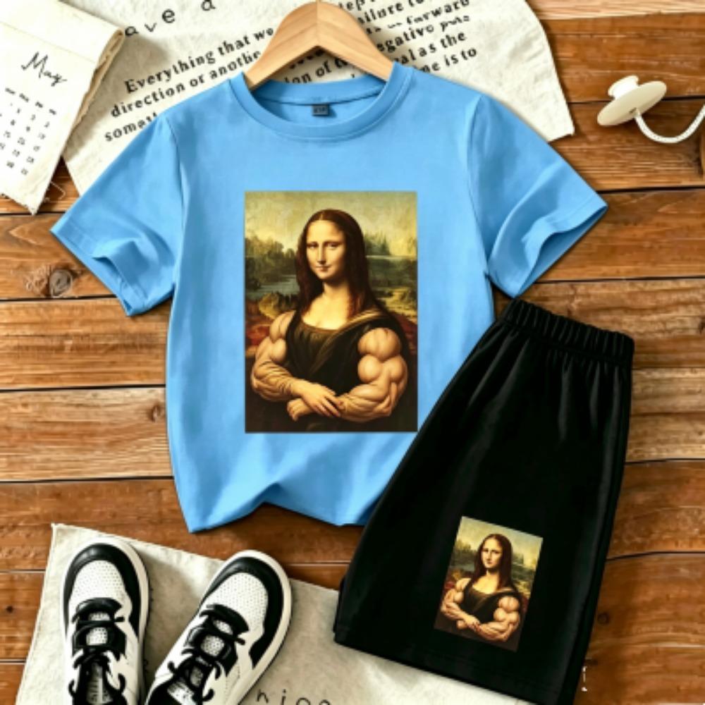 Kids Muscular Woman Fun Printed 11 Colors Outdoor Street Kids T-shirt and Shorts 2 Piece Set Summer Home Casual Outfit Boy and Girl's Sports Set