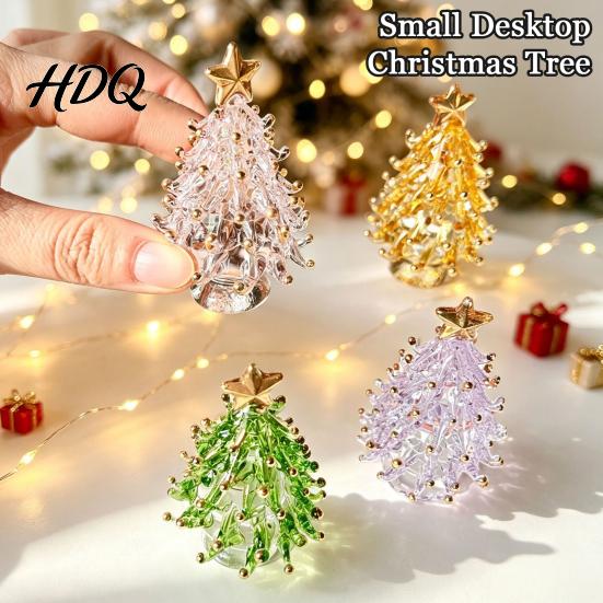 Artisan Glass Collectible Glazed Christmas Tree Ornament with Star Topper Colorful Small Desktop Art Faux Crystal Tabletop Decor for Home