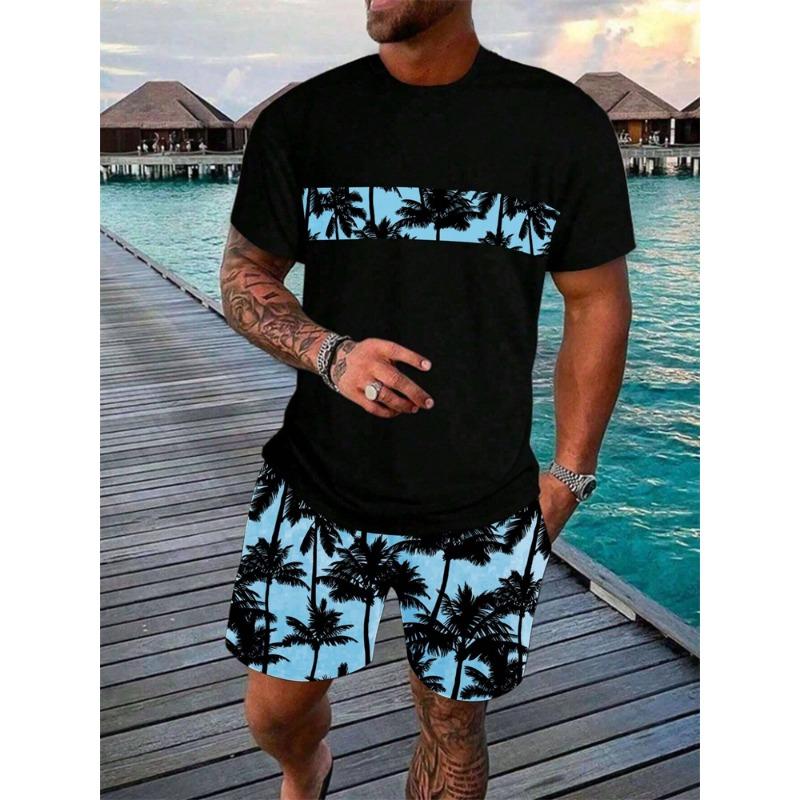 Men's Short Sleeve Shorts Set Beach Resort Style Stylish T-Shirt and Drawstring Shorts 2 Piece Hawaiian Men's Casual Wear Set