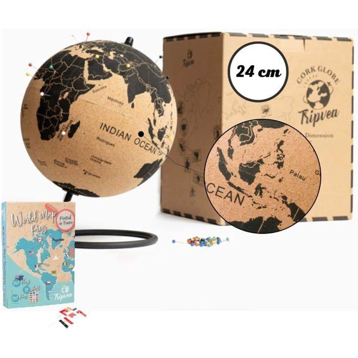 TRIPVEA® Globo terráqueo 24 cm vintage de corcho + 342 banderas adhesivas para clavar - Mapa del mundo decorativo tema viaje