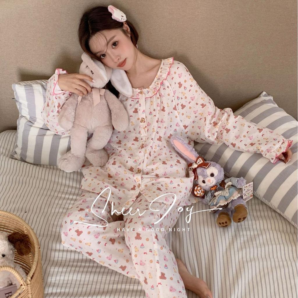 Autumn new cotton cardigan lace round neck bright girl series long sleeves trousers homewear women's cute pet paradise