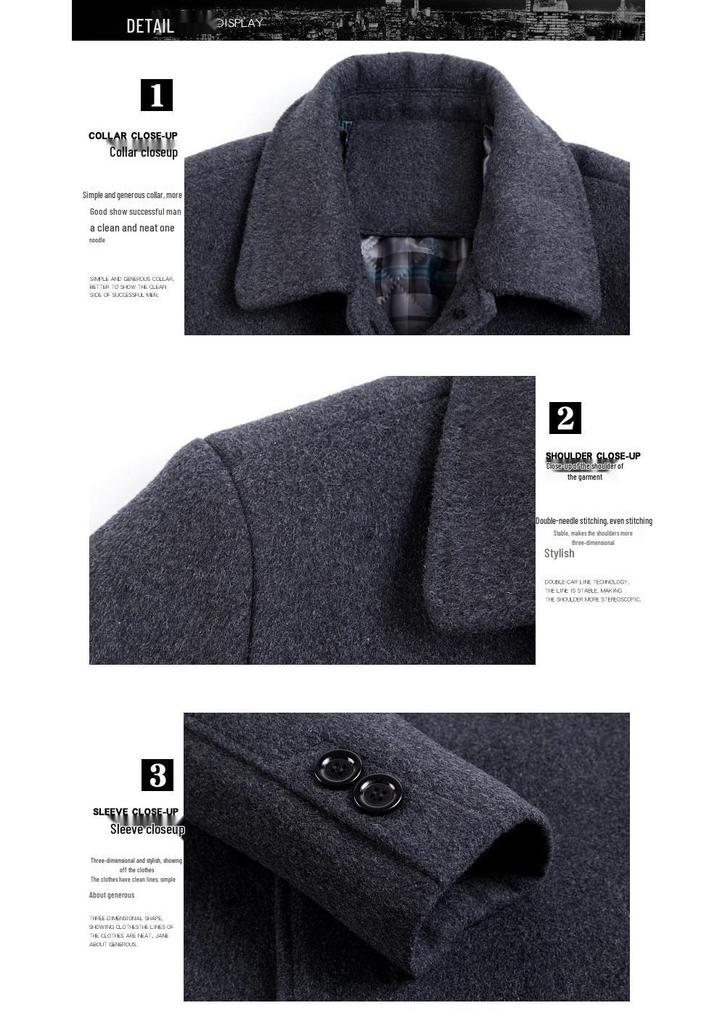 Men's Mid-Length Cashmere Coat: Dad Style, Lapel, Loose Fit, Plus Velvet Woolen, Warm for Autumn/Winter