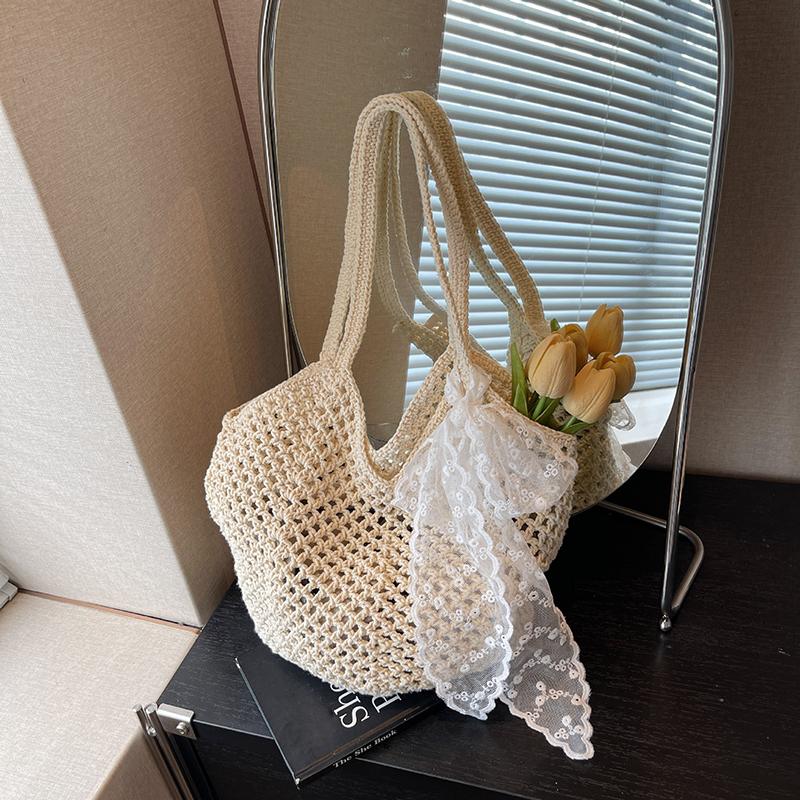 Yogodlns Women Crochet Tote Bag Fashion Knitted Large Capacity Woven Shoulder Bags Solid Color Simple Shopping Bag for Summer Beach