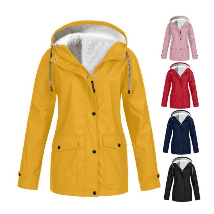 Warme Winddichte Damen Hardshell Jacke Herbst Winter Samt Kapuze Bergsteiger Mantel Einfarbig Mittellange Jacke