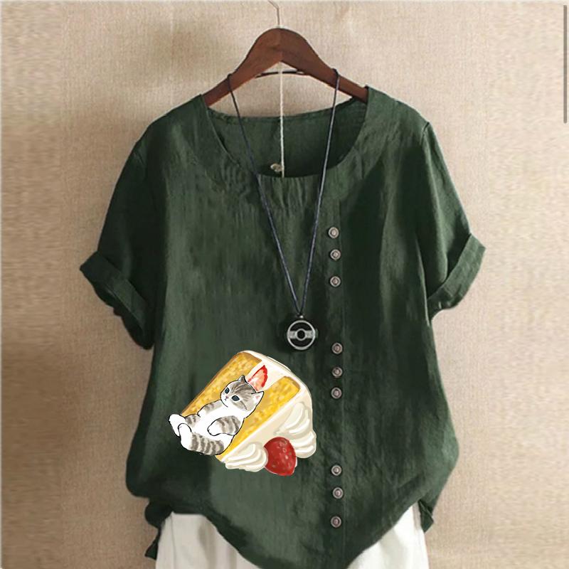 Women's Fashion Bread Cat Prined Short Sleeve T-shirt Loose Cotton Shirt Casual Loose Summer Blouse Tops Plus Size