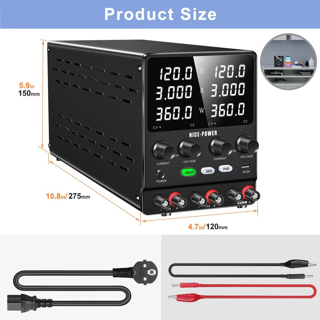 Doppia Alimentazione da Laboratorio NICE-POWER 120V 3A 4 in 1 Alimentazione da Laboratorio Uscita Doppia Indipendente Serie e Parallelo SPS1203-2KD Ingresso AC220V