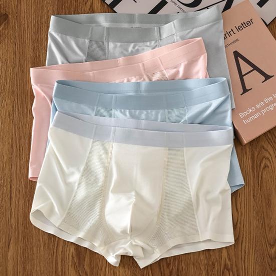 Men Boxer Briefs Mid-rise Elastic Waistband Breathable Mesh Shorts Underwear Solid Color U-Convex