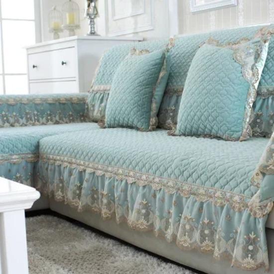 European Style Large Skirt Sofa Mat Four Seasons Short Plush Anti Slip Sofa Cover Simple Lace Solid Color Backrest Towel