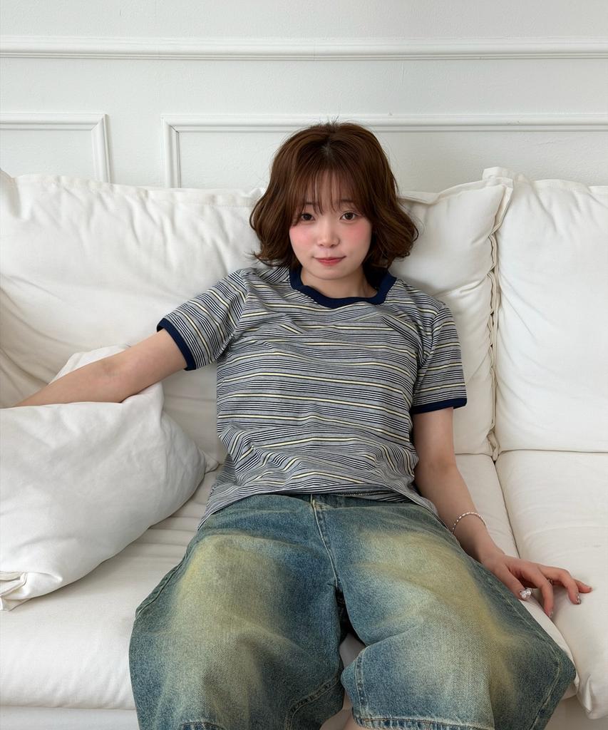 AMOU Amou Multi Stripe Ringer T-Shirts Melange