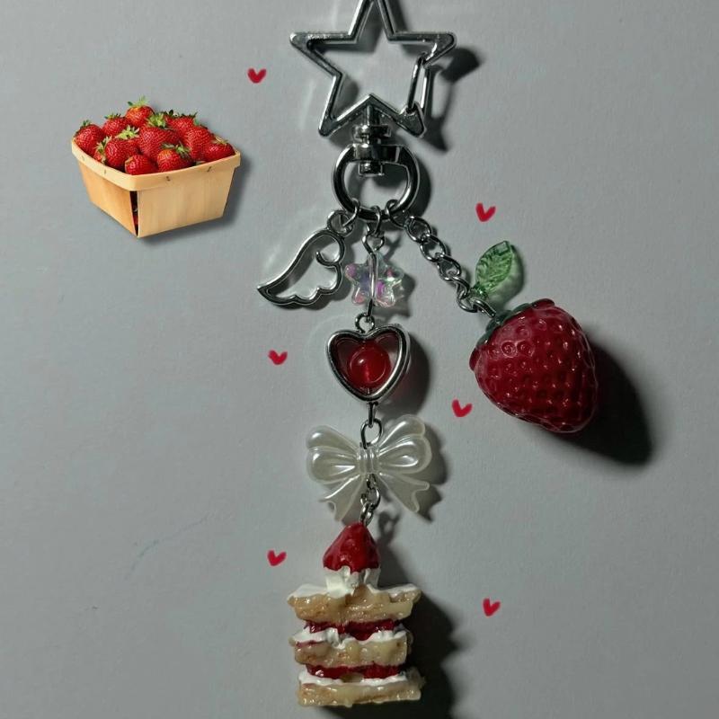 Strawberry Cake Keychain Realistic Handmade Food Charm Jewelry Cute Pendant for Women Girls Travel Bag Decor Gift