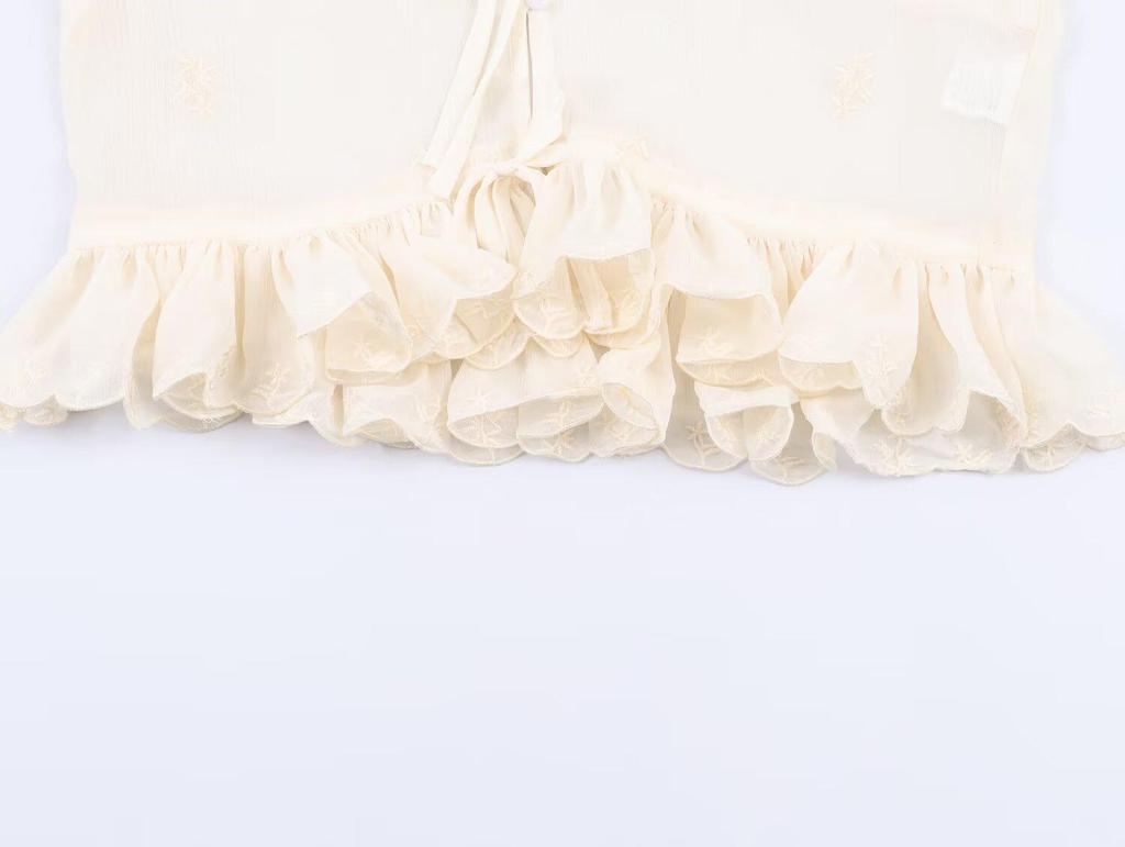 European & American Style Women's Chiffon Shirt with French Lace-up Waist, Embroidered Ruffles, and Long Sleeves