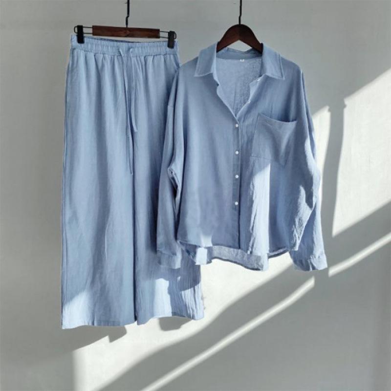 Spring Fashion Plus Size Women's Two-Piece Set: Cotton Linen Shirt & High-Waisted Loose Trousers