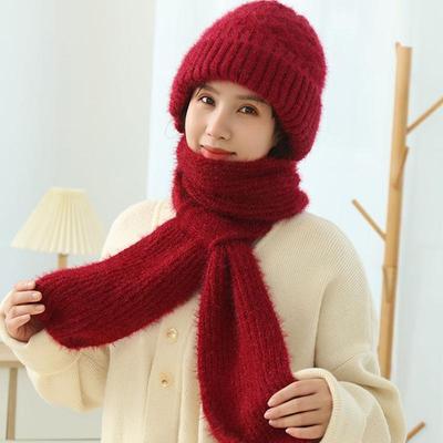 Women Thickened Beanie Caps Woolen Hat Scarf Set Solid Color Winter Plush Knitted Fleece Lined Hats