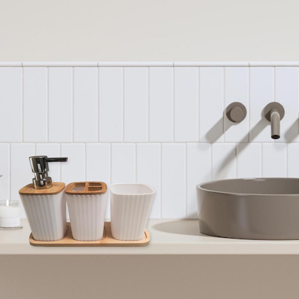 4Piece Bathroom Organizer Set with Toothbrush Cup Hydraulic Cup Mouth Cup Wood Tray Durable Construction