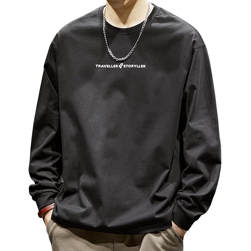 

[EASTEMPO] t-shirt men s spring long sleeve Fashionable cotton Plain color casual Relaxing large size (JP, alphabet, XL, black)