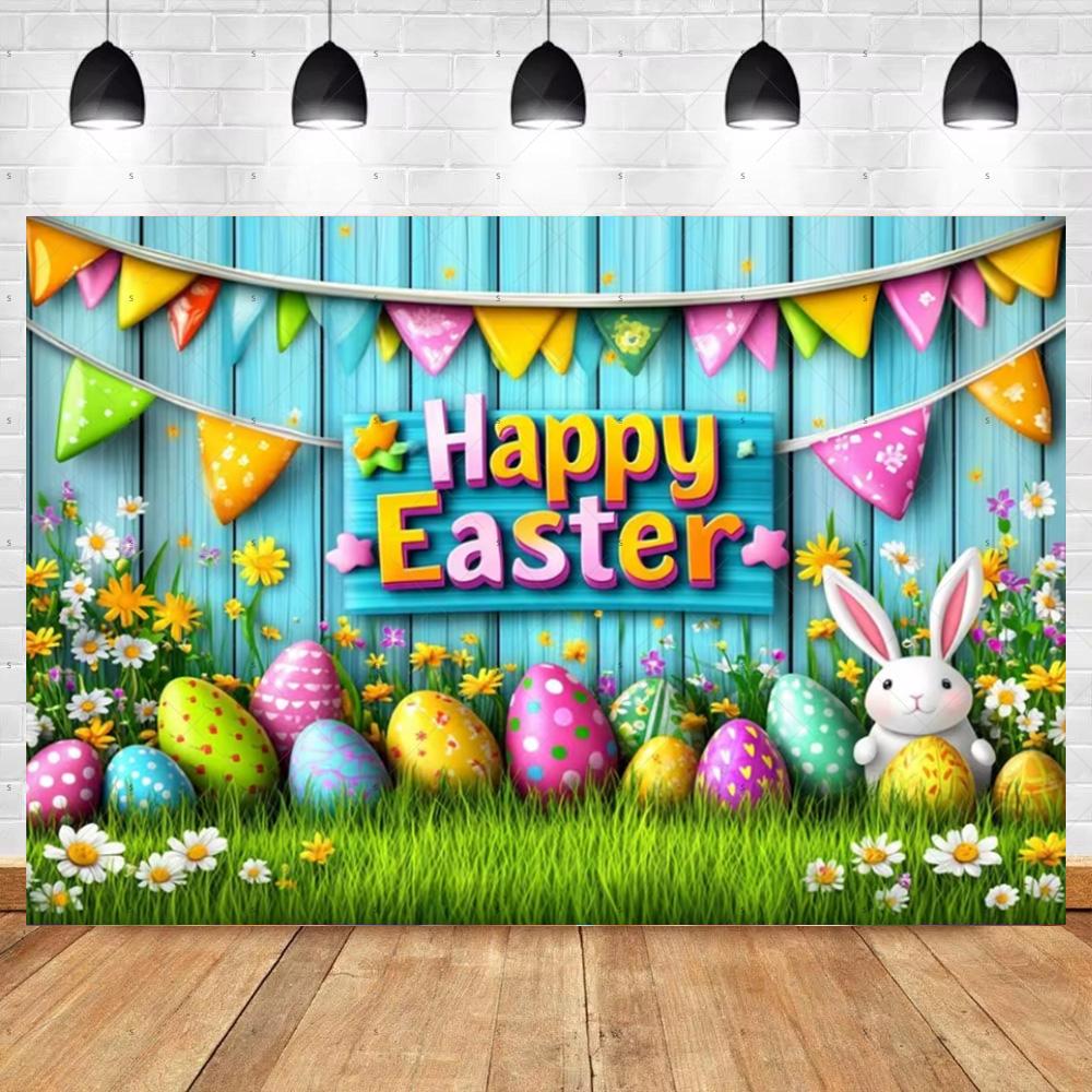 Spring Vibrant Rabbit Backdrop Supplies Happy Easter Theme Background Banner Bunny Easter Eggs Party Decoration Photography Prop