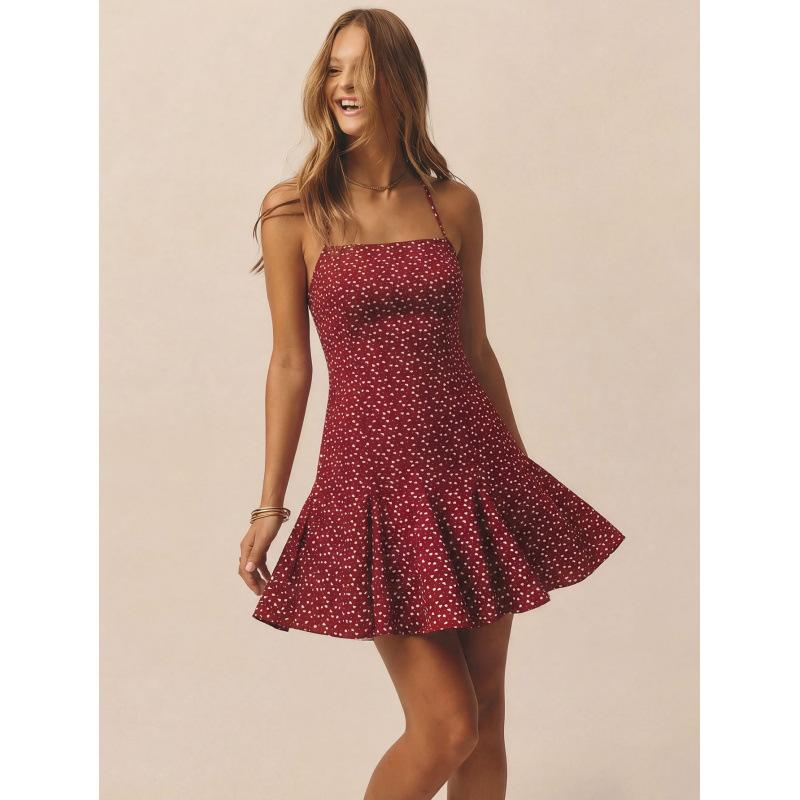 Summer new burgundy polka dot floral dress, waist ruffle edge short skirt for women