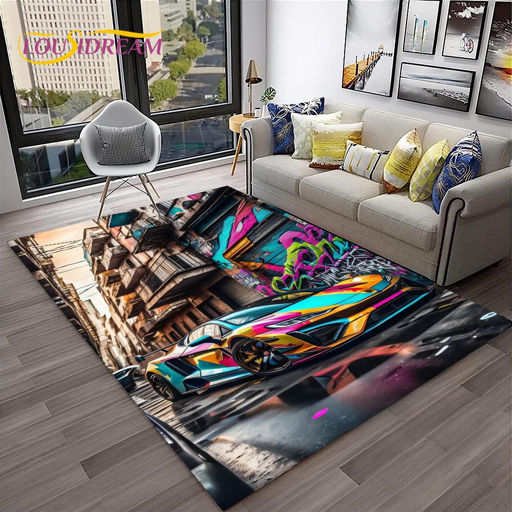 Sports Car Racing Car Carpet Rug for Home Living Room Bedroom Playroom Sofa Doormat Decor,Kids Game Area Rug Non-slip Floor Mat