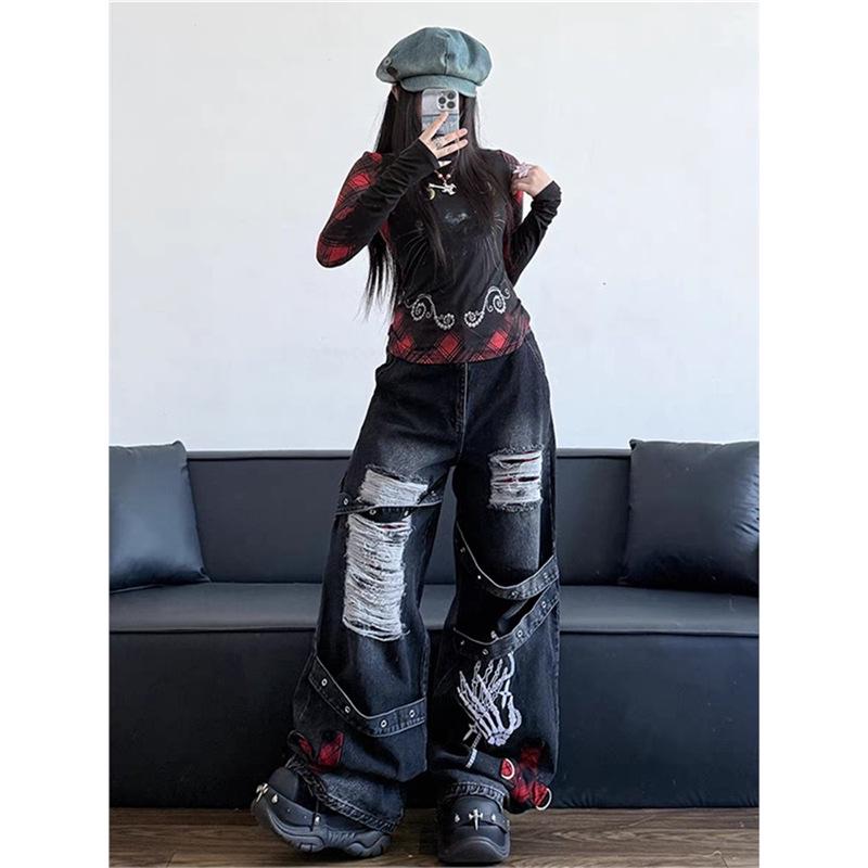 Gothic Punk Style Ripped Wide-Leg Jeans for Women