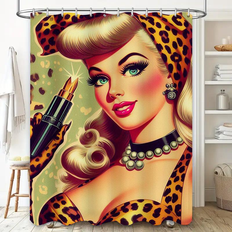 Vintage Pin Up Girl Cosmetics Shower Curtain Leopard Print Design For Bathroom Decorations