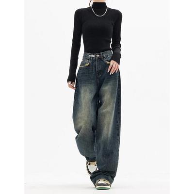 Mulheres Streetwear Vintage Coreano Baggy Azul Calças De Brim Cintura Alta Em Linha Reta Perna Larga Calças Jeans Fadas Grunge Alt Roupas