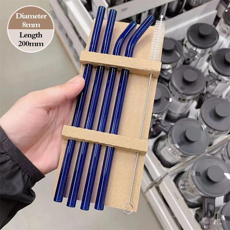4PCS Reusable Glass Straws Multi-Color Drinking Straw for Milk Tea Juice Cocktail Straight & Bent Straw with Cleaning Brush