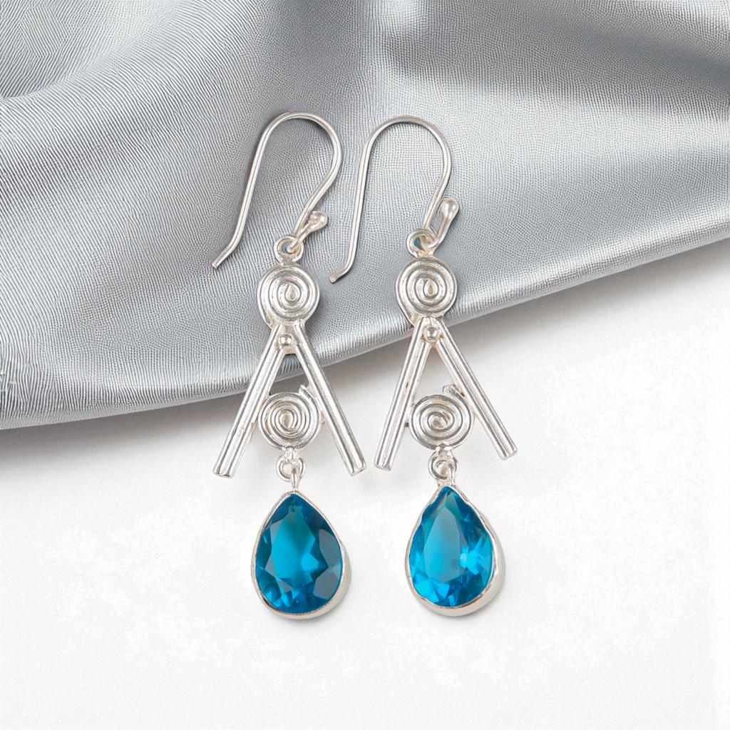 Swiss Blue Topaz Gemstone 925 Sterling Silver Jewelry Handcrafted Earrings 2.4" EE-86-8