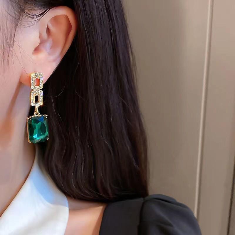 Geometric Diamond & Emerald Retro Earrings - 925 Silver, Elegant Korean Design