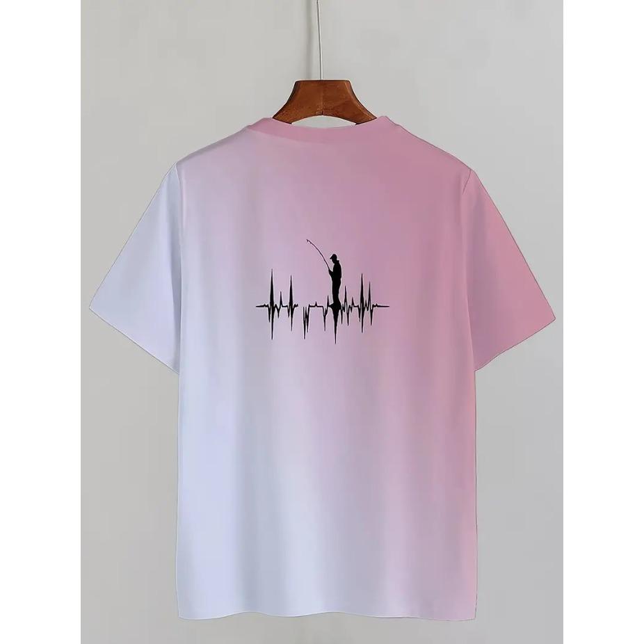 Fishing Print T-shirt, Men's Casual Street Style Stretch Round Neck Tee Shirt for Summer, Fishing Gear