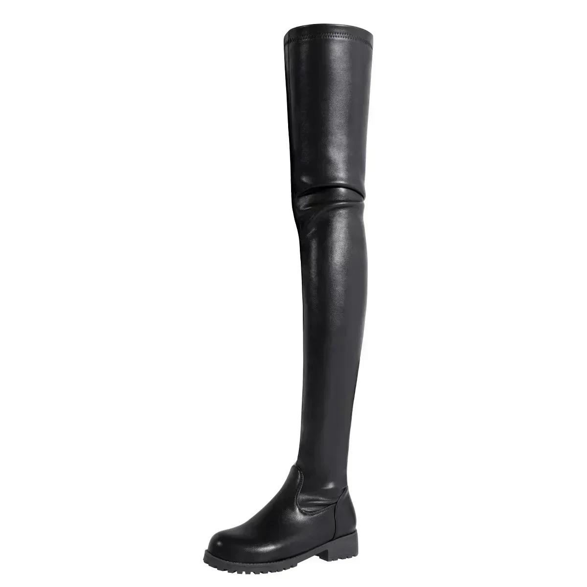 

Fashion Sexy Over The Knee Boots Round Head Ladies Spring Autumn Shoes Mid Heel Thigh High Boot Black Punk Style Big Size 44 Botas Mujer 35 чёрный