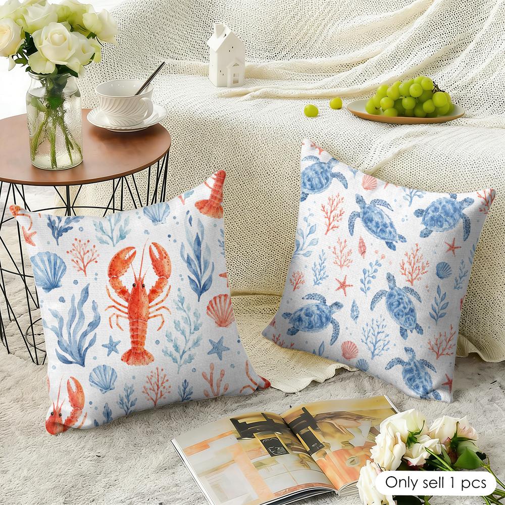 Blue White Red Ocean Animals Cushion Cover Natural Linen Organic Fabric Double-Sided Printing Breathable Perfect For Home Decor