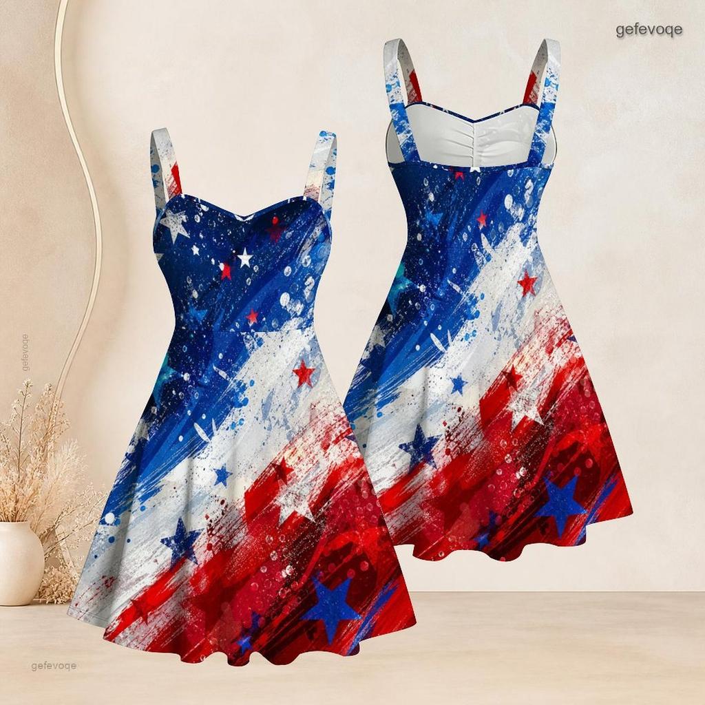 Women Plus Size Off Shoulder Strappy Sleeveless Star Printed Dress Navy Red Gold Flared Hem